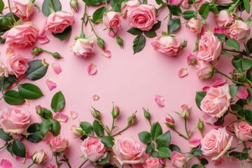 Drawing of a heart-shaped arch made of flowers. Backdrop with selective focus and copy space for the inscription. Beautiful simple AI generated image in 4K, unique.