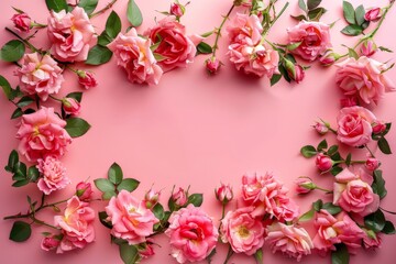 Drawing of a heart-shaped arch made of flowers. Backdrop with selective focus and copy space for the inscription. Beautiful simple AI generated image in 4K, unique.