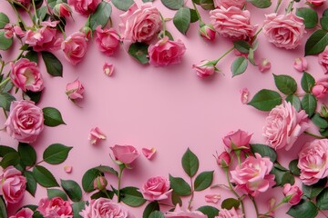 Drawing of a heart-shaped arch made of flowers. Backdrop with selective focus and copy space for the inscription. Beautiful simple AI generated image in 4K, unique.