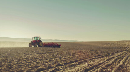 Fototapeta premium Solitary tractor plowing through vast fields under an expansive desert sky.