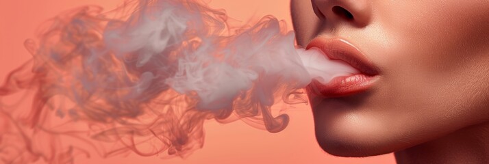 Close-up of a woman's lips exhaling smoke against a coral background