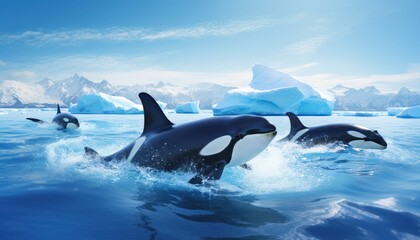 Groups of Orcas or killer whales swim and hunt for prey, the top of the food chain in a sea of ​​ice floes