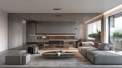 contemporary living room with high-gloss lacquered surfaces