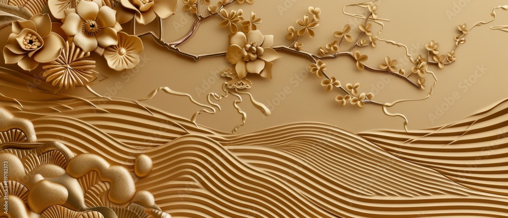 Poster a japanese pattern modern with a gold geometric background template. the pattern consists of flowers
