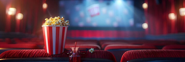 Cinema Seating with Popcorn, Soda, and 3D Glasses Under Projected Film Rating