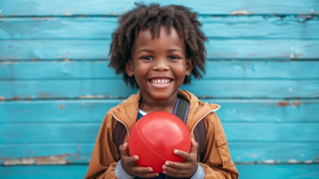 Joyful Black Child Playing with Red Ball, Backpack, and Book in Calming Pastel Blue Setting