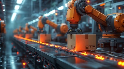 Beneath the robotic arm of a packer, boxes transform into packaged goods, ready for delivery from the bustling industrial heart.