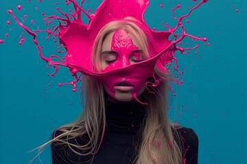 Woman in Black Turtleneck with Splash of Pink Paint on Her Head, Abstract Creative Portrait