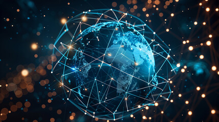 Digital Network Blue and Black Globe Surrounded by Lights