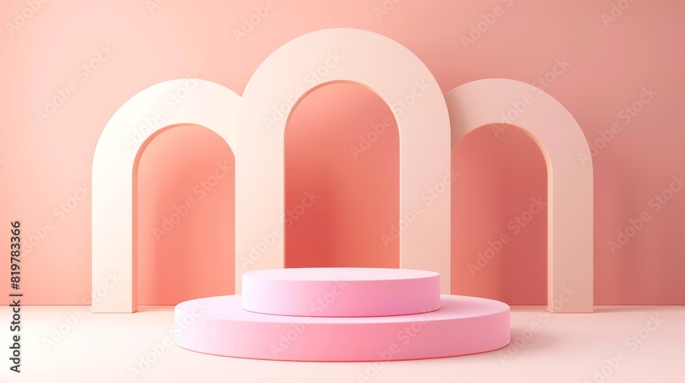 Sticker Geometrical forms, podium arch, minimal background, pink background. 3D rendering.