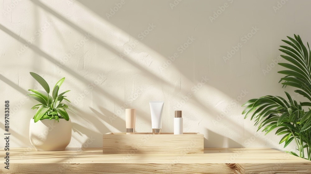 Aufkleber a 3d rendering of a natural beauty backdrop for display of cosmetic products. the background is an e