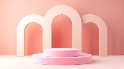 Geometrical forms, podium arch, minimal background, pink background. 3D rendering.