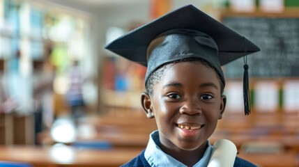 Young Black Boy Proudly Holding Diploma in Classroom on Graduation Day