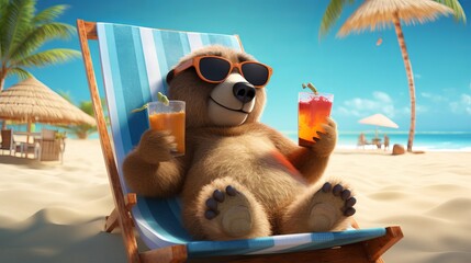 Relaxing bear in summer on beach - Holiday time