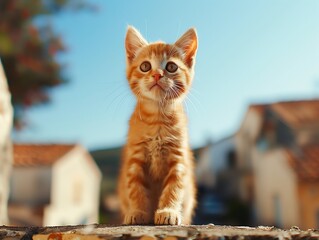 Cute Orange Kitten with Big Eyes, Standing Outdoors on a Sunny Day