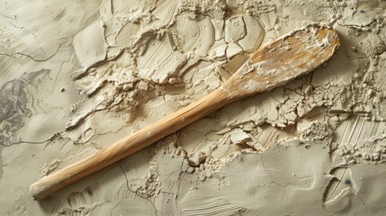 Wooden Rib, Close-up of a wooden rib tool covered in dried clay, Placed on a textured surface
