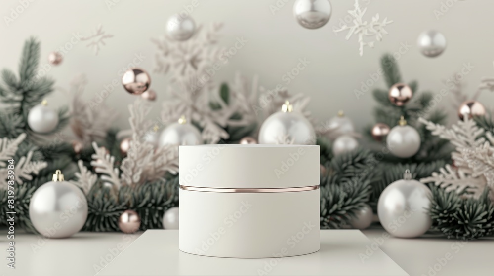 Aufkleber 3d render of an empty cylinder box with christmas balls in the background. luxury cosmetic product d