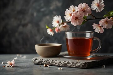 Hot tea in a glass cup and blossom cherry flowers on a stone podium. International tea day