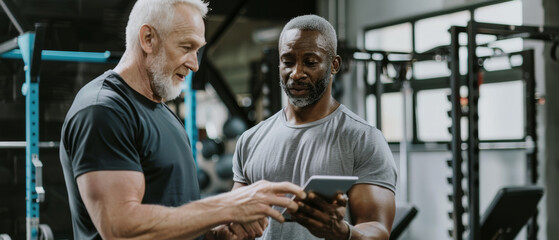 Two men at the gym review progress on tablet, sharing knowledge on fitness journey.