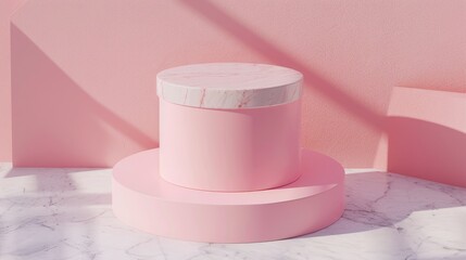 Empty pink cylinder box on a duotone background with marble stone texture for product display. Spring summer concept. Flat lay. Top view. 3D rendering.