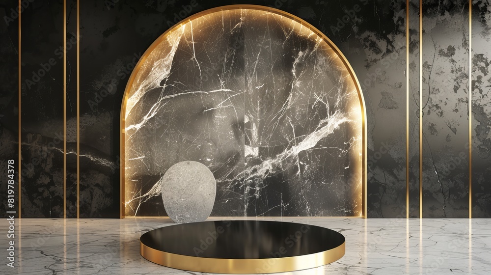 Poster fashion podium backdrop in black, marble and gold for displaying products. 3d rendering.