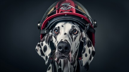 Dalmatian Dog Wearing a Red Firefighter Helmet, Close-Up Portrait on a Dark Background