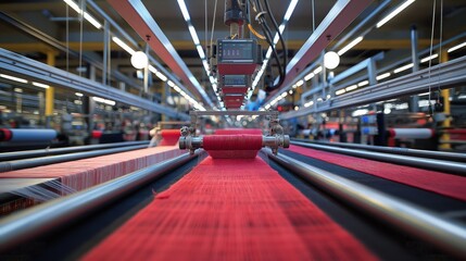 A high-tech textile factory with automated looms weaving smart fabrics, integrated sensors monitor the textile quality in real-time. 