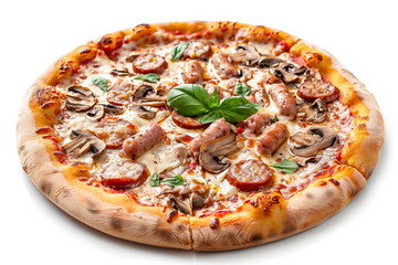 Pizza with Bavarian sausages, mushrooms and basil. Delicious pizza on isolated white background