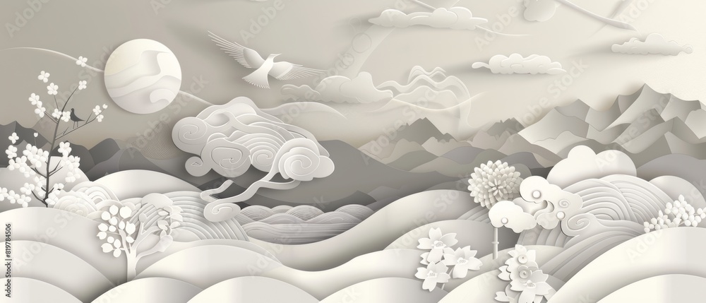 Aufkleber an icon modern background with a japanese motif. an abstract landscape wallpaper with a geometric pa