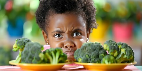 Closeup of upset African girl rejecting broccoli picky eater disgusted expression. Concept Food Photography, Picky Eater, Vegetable Dislike, African Girl, Emotional Expressions
