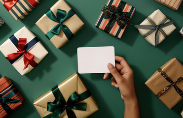 An aerial view of multiple wrapped gifts in various sizes and colors, with one hand holding an empty white card against the green background