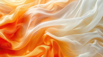 Fototapeta premium Contrasting waves of silk fabric mixed with thick white smoke, bright orange gradient colors, Indian temple pattern style, abstract background for desktop or smartphone