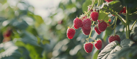 Sun-kissed raspberries ripe for picking amidst lush leaves.