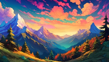 Anime Style Mountain Range with Colorful Sky