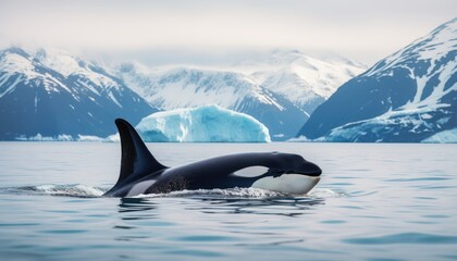 Obraz premium Groups of Orcas or killer whales swim and hunt for prey, the top of the food chain in a sea of ​​ice floes