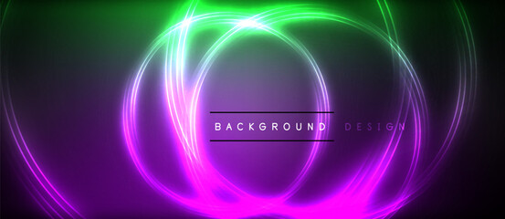 Neon glowing circle rays, light round lines in the dark, planet style neon wave lines. Energetic electric concept design for wallpaper, banner, background
