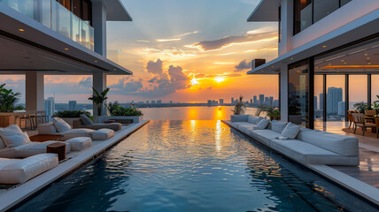 Fototapeta premium Penthouse Blends Minimalism with Majestic Skyline
