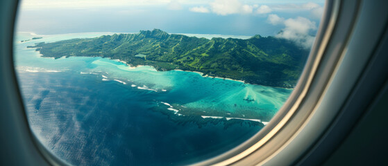 Aerial island view through an airplane window frames a paradise escape.