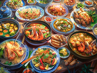 Asian Food in Ceramic Bowl on the table