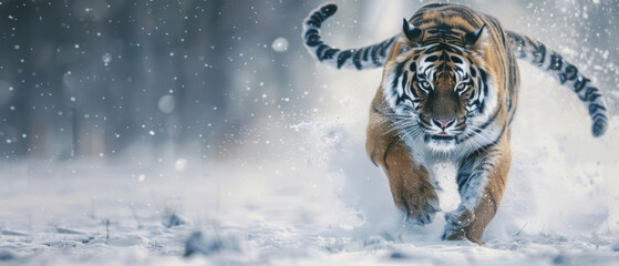 A majestic tiger advances through a snowy forest, its piercing gaze embodying wild elegance.