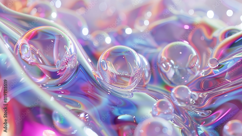 Poster floating holographic liquid blobs, soap bubbles, metaballs... abstract 3d art.