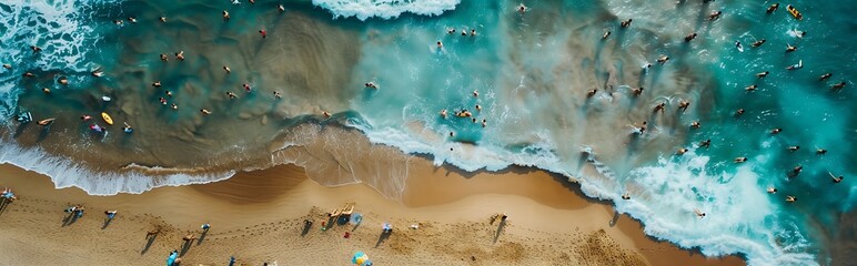 Aerial View of a Busy Beach with Swimmers in Turquoise Water