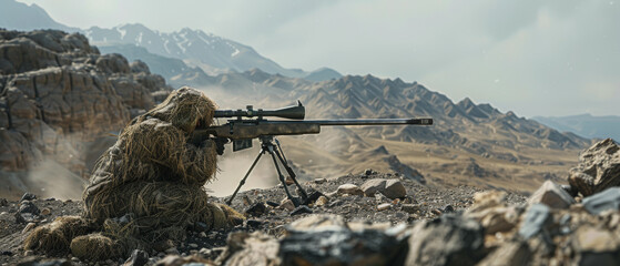 Stealthy sniper concealed in a ghillie suit aiming a rifle across a rocky, mountainous terrain.