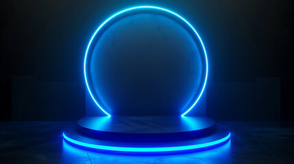 Futuristic circular neon blue stage platform with glowing lights, set in a dark, atmospheric environment with modern design elements.