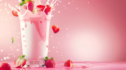 Refreshing strawberry milkshake splashing out of a glass, surrounded by fresh strawberries, with a vibrant pink background and dynamic composition.