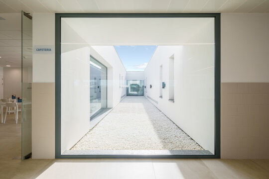 Modern hospital corridor with minimalist design