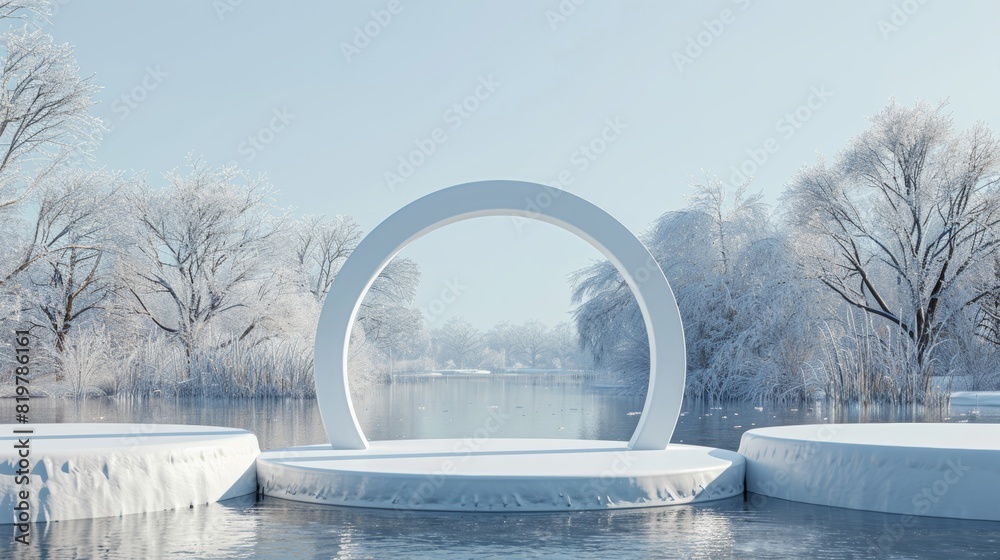 Poster the background of this scene is minimal, with geometric forms and an arch with a podium in a lake vi