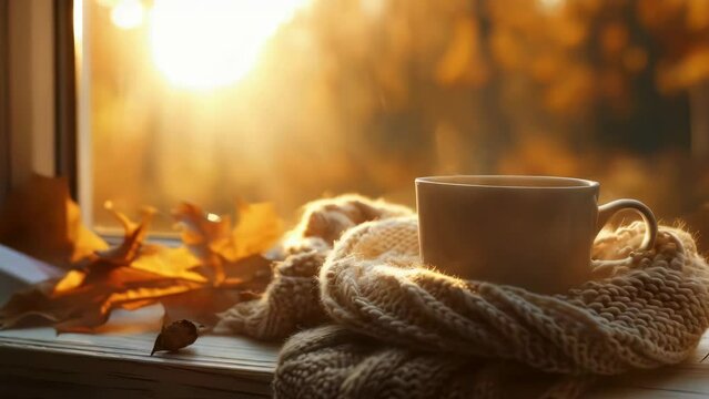 A cup of coffee is sitting on a blanket next to a pile of autumn leaves. Concept of warmth and comfort, as the cup of coffee and the blanket provide a cozy atmosphere