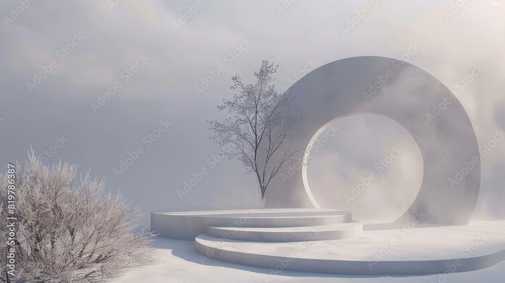 Poster stunning abstract winter scene with geometrical forms, a podium with an arch. minimal background. 3d