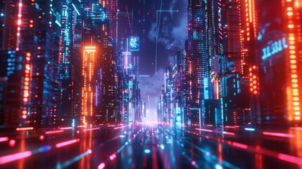 3d render futuristic city cyberpunk light glowing night scene landscape background. Generated AI